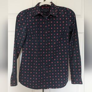 Tommy Hilfiger Women's Navy Blue Button Down Shirt with Red Pattern